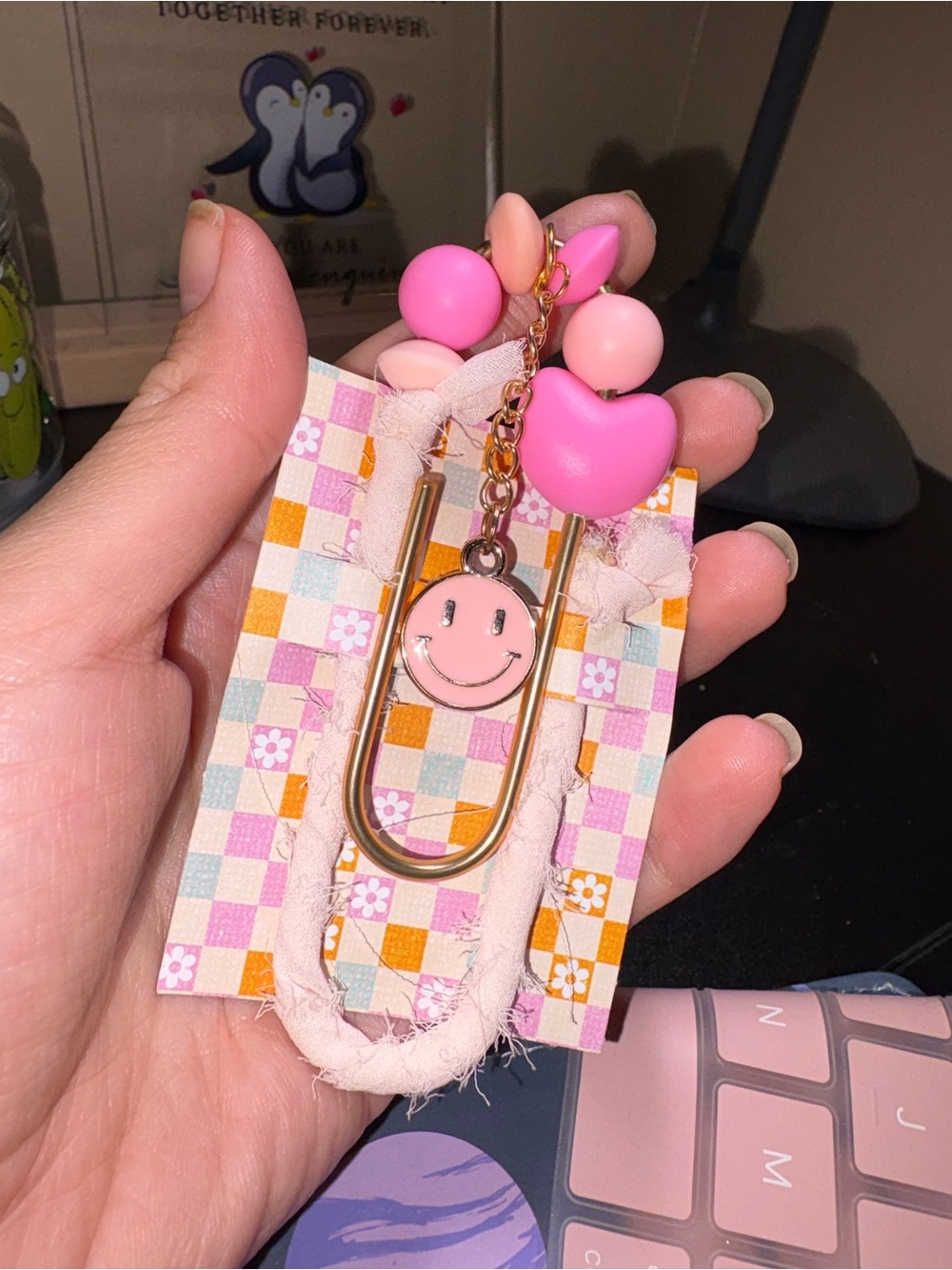 Pink Smile Heart Beaded Keychain giant paper Clip bookmark
